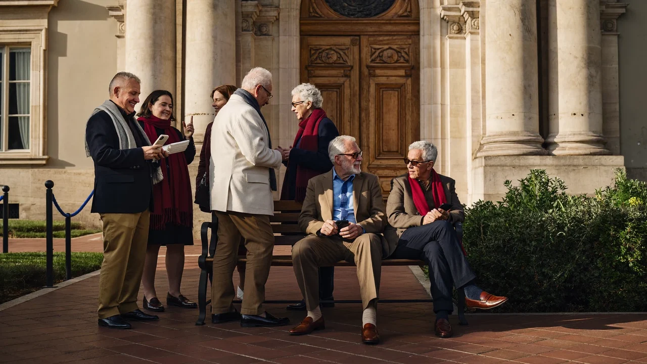 Ingresso di un centro civico in piazza, con anziani che chiacchierano sulla panchina